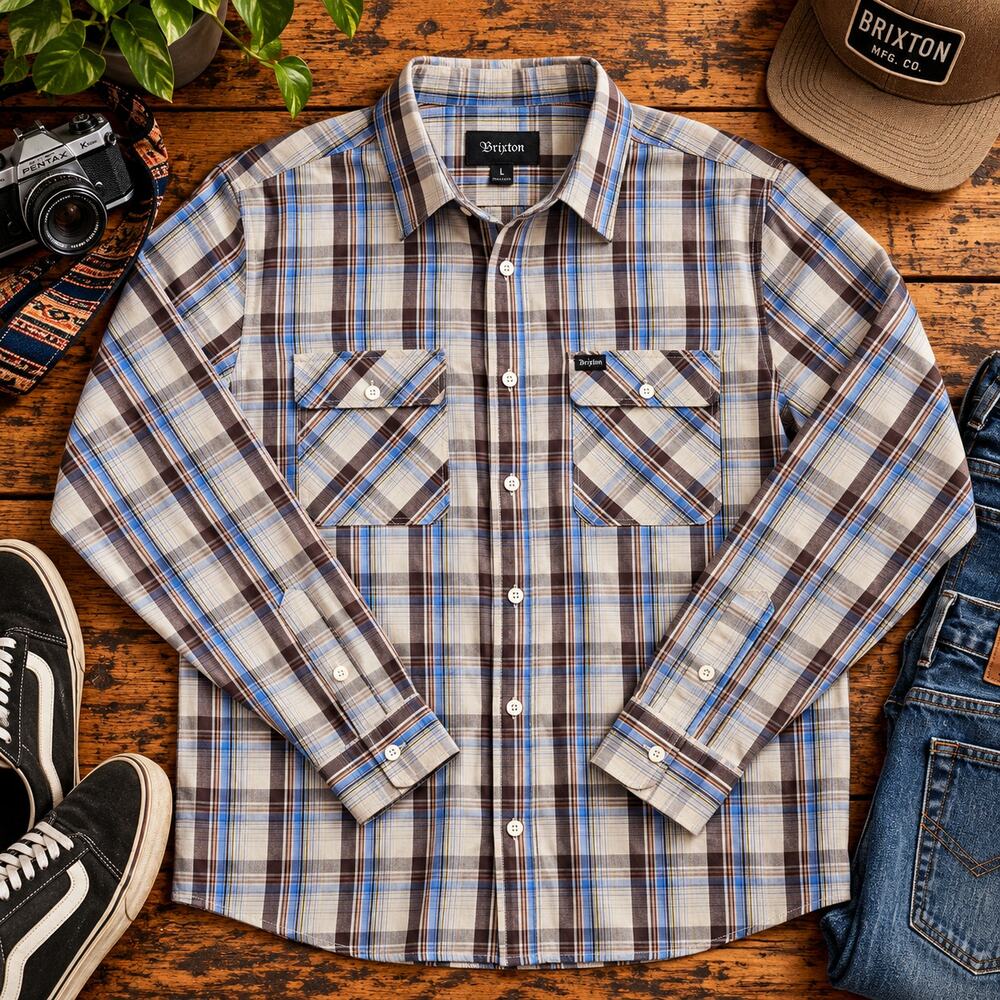 Brixton Plaid Shirt Mens L Brown Blue Long Sleeve Button Up Workwear Skater
